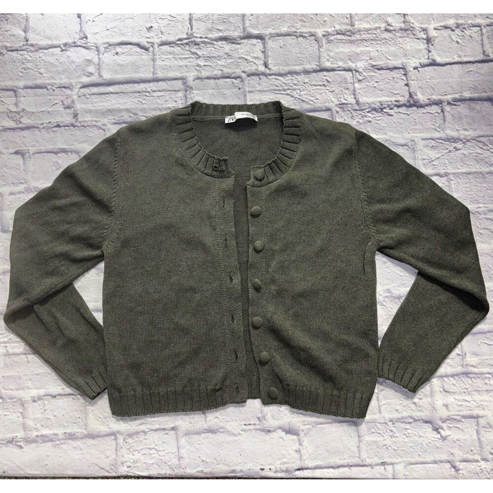 Zara Women's XL Green Solid Knit Cotton Button Front Crew Neck Cardigan Sweater